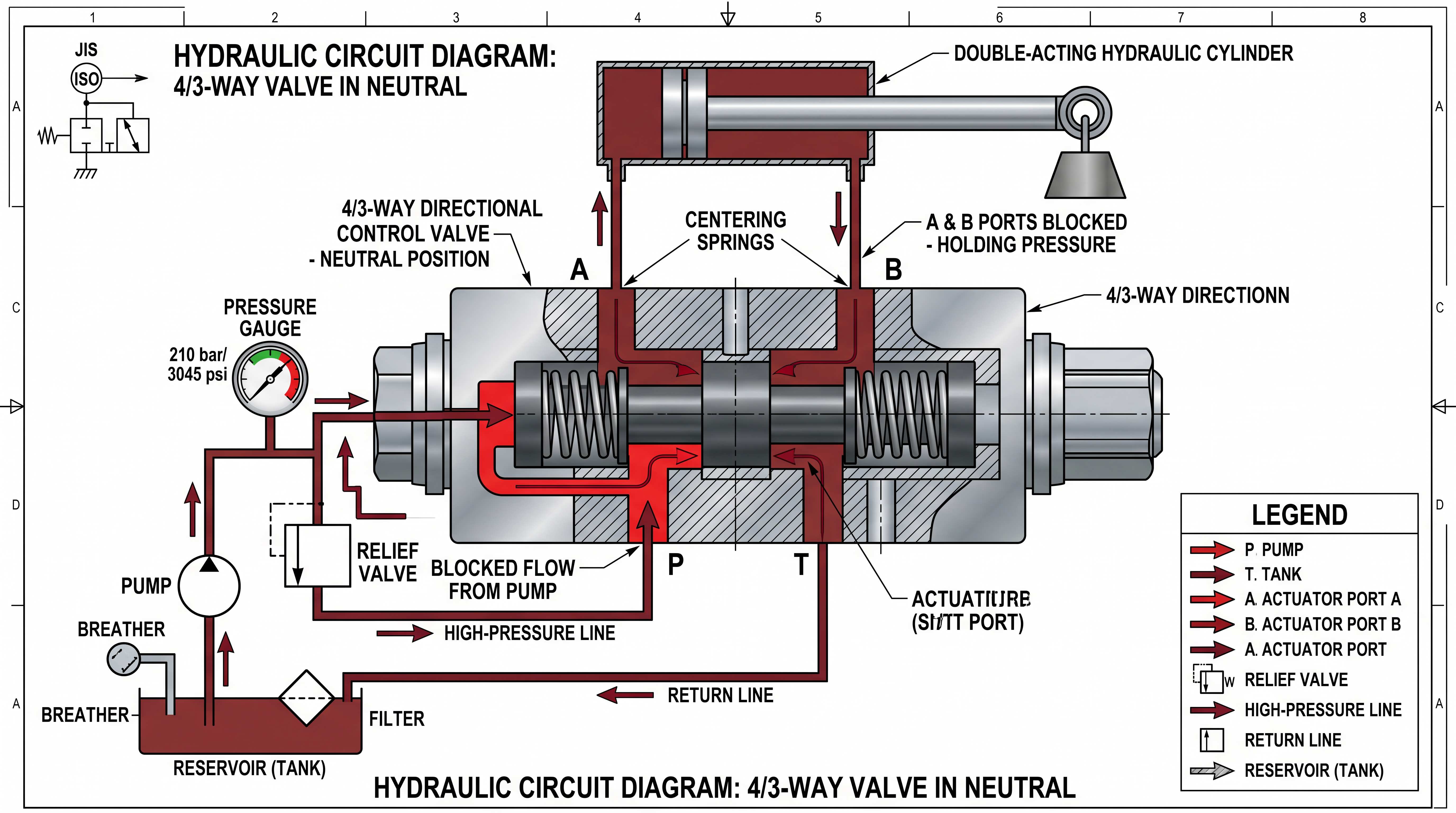 Four-way three-position directional control valve in neutral position showing blocked actuator ports, pressure line, relief valve and return line